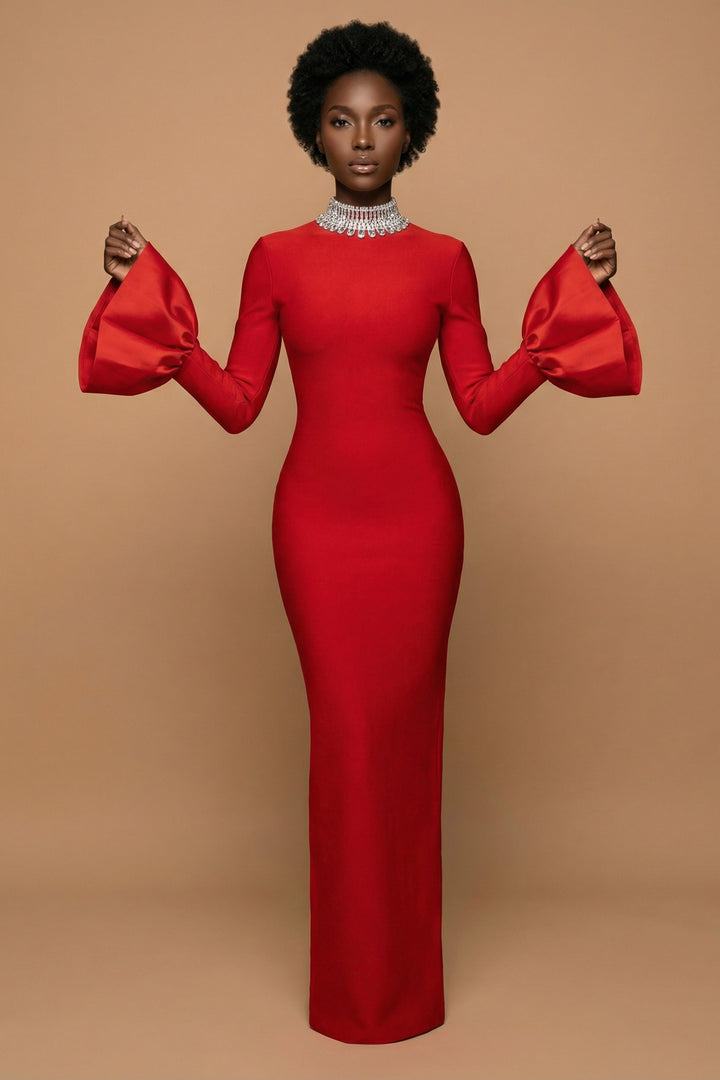 Women's Red High-Neck Bell Sleeve Gown - Elegant Formal Evening & Wedding Guest Maxi Dress - The Amara Maximum Beauties Women's Red High-Neck Bell Sleeve Gown - Elegant Formal Evening & Wedding Guest Maxi Dress - The Amara Maximum Beauties