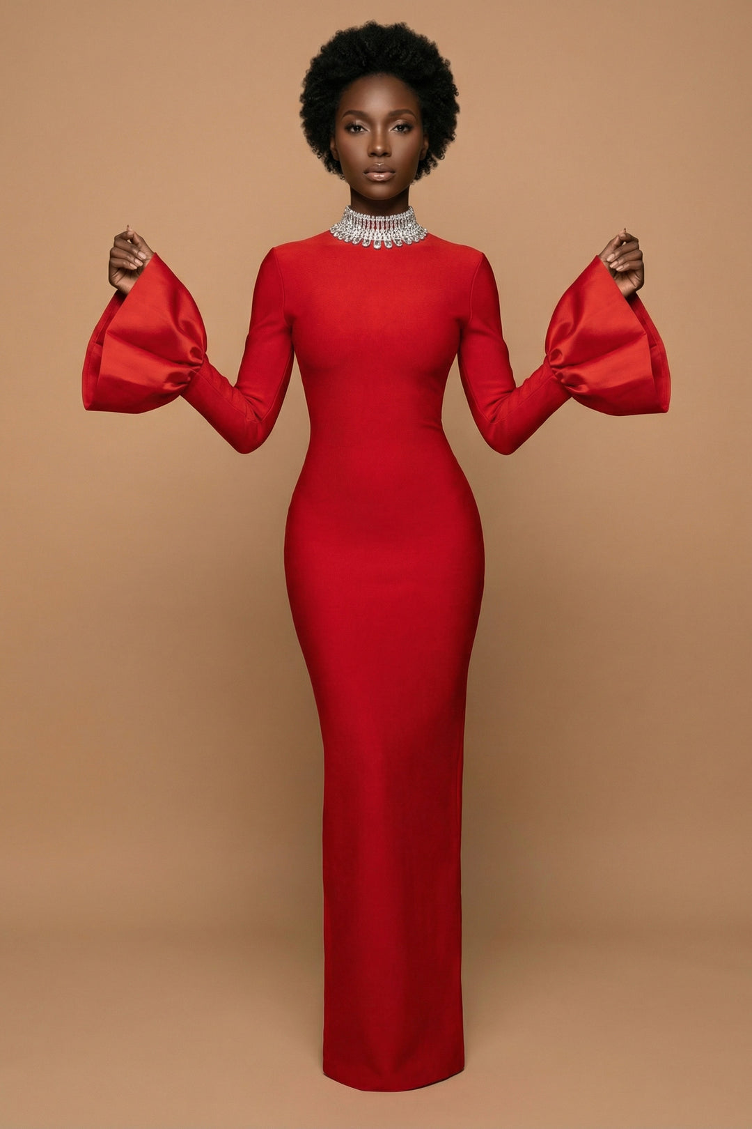 Amara – Red High-Neck Bell Sleeve Gown