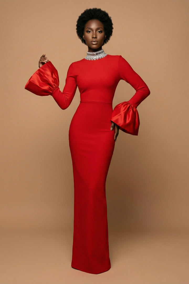 Amara – Red High-Neck Bell Sleeve Gown