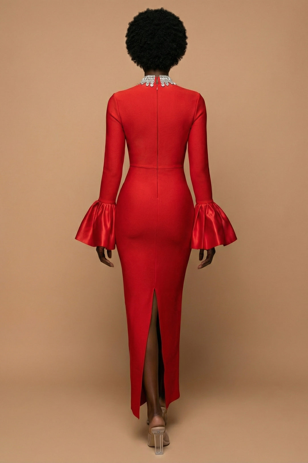 Amara – Red High-Neck Bell Sleeve Gown
