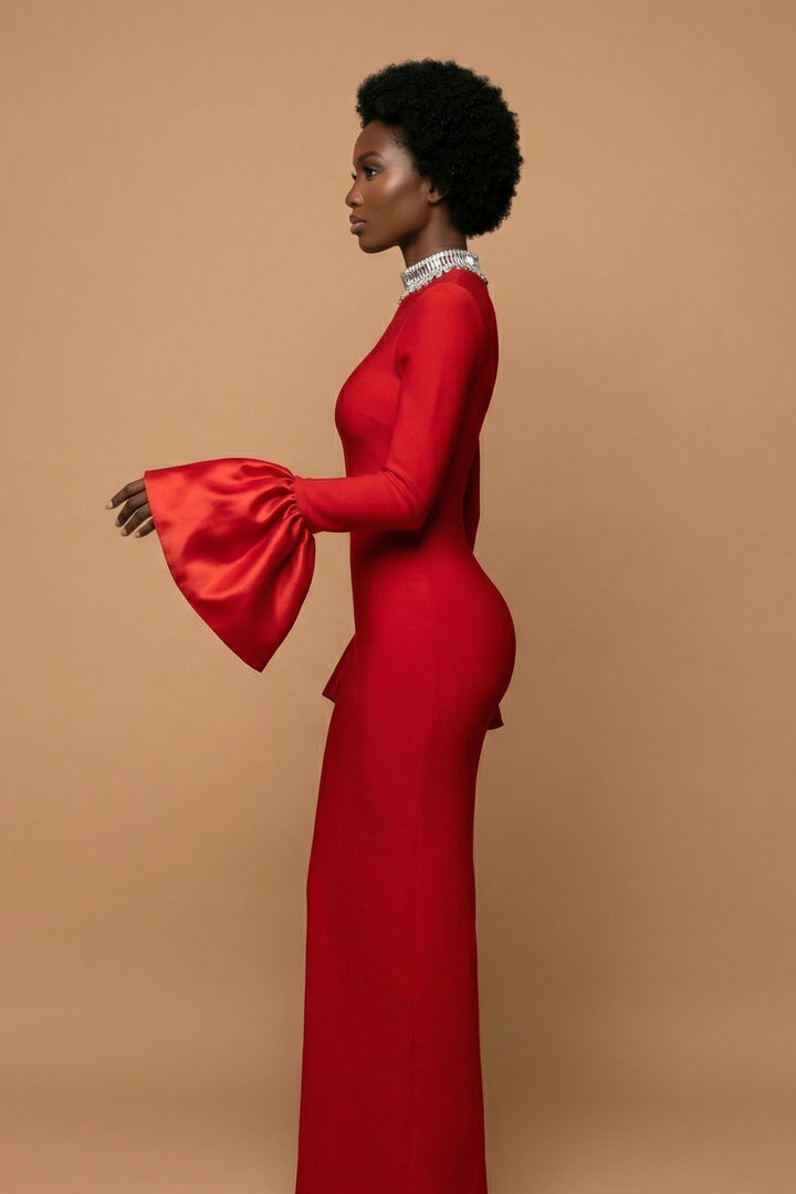Amara – Red High-Neck Bell Sleeve Gown