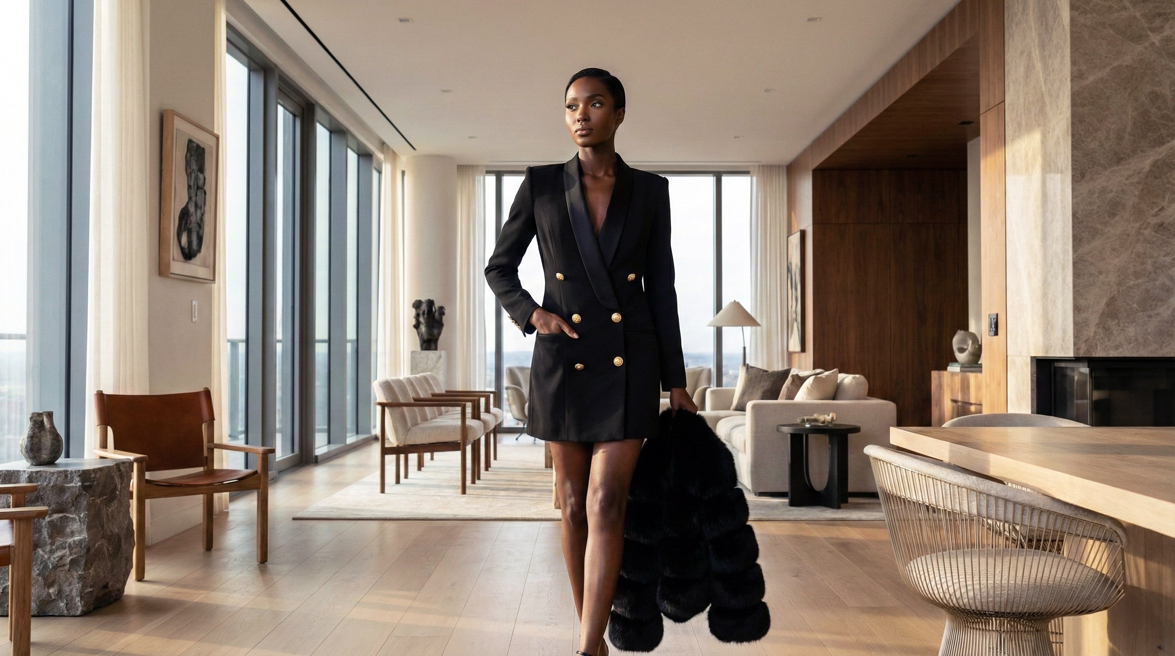 Woman in a stylish outfit walking through a modern living room.