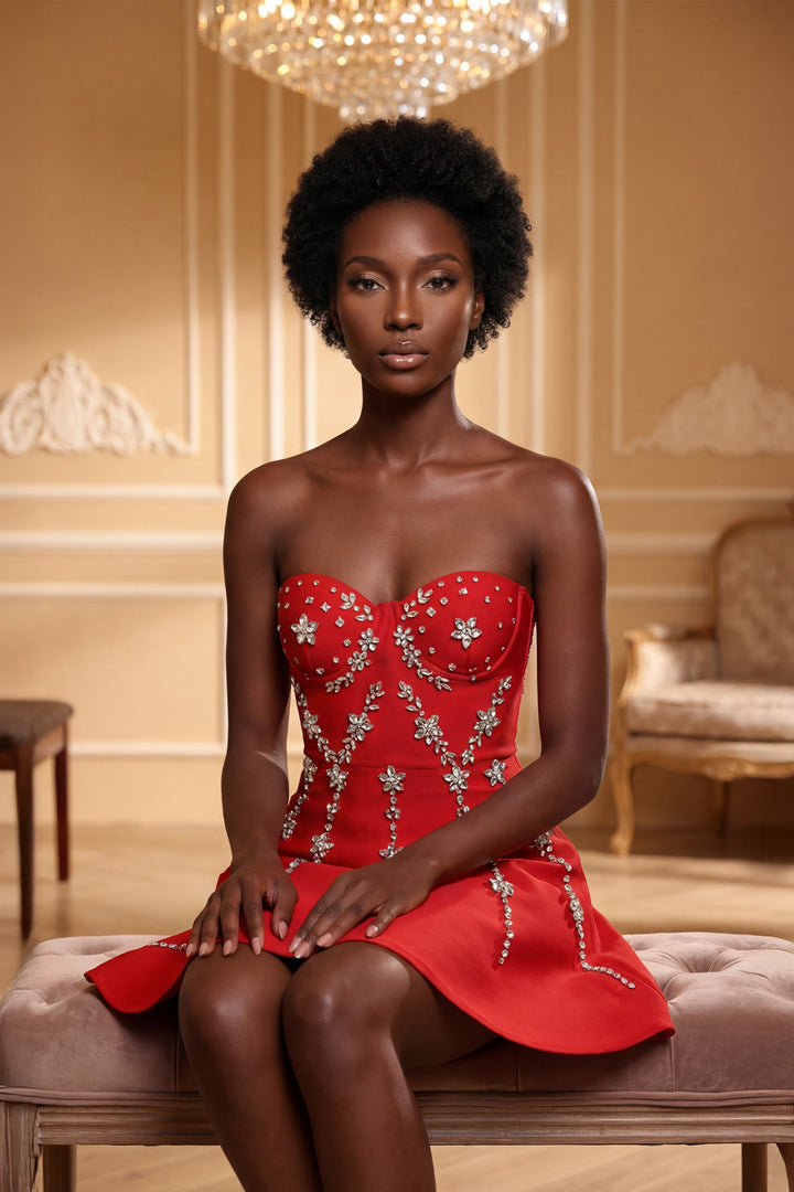 The Rianna | Red Crystal-Embellished Strapless Mini Dress