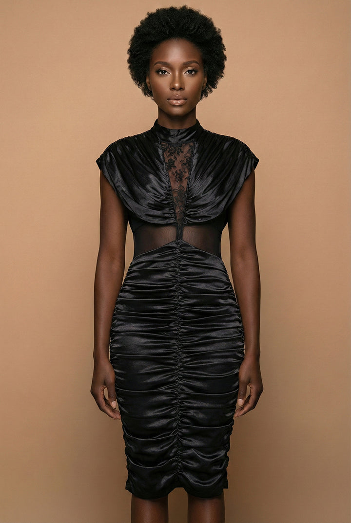 Midnight Allure Ruched Satin Midi Dress