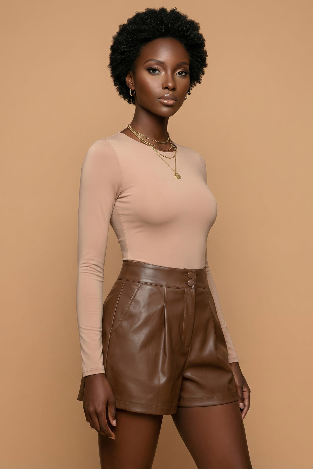 Vittoria Brown Faux Leather Pleated Shorts