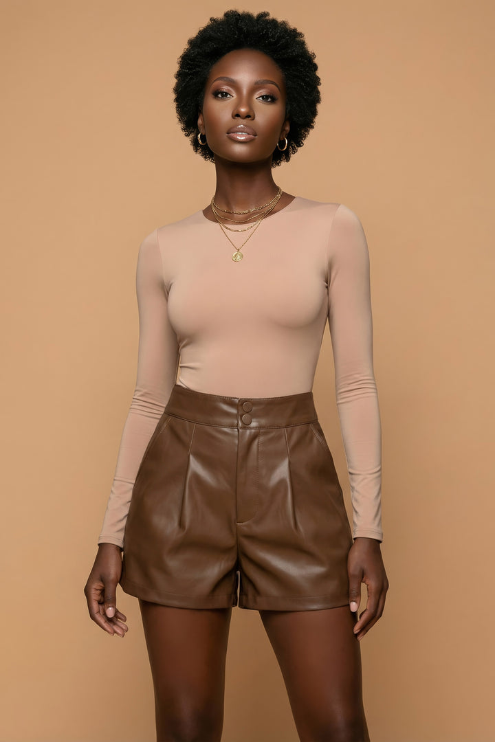 Vittoria Brown Faux Leather Pleated Shorts