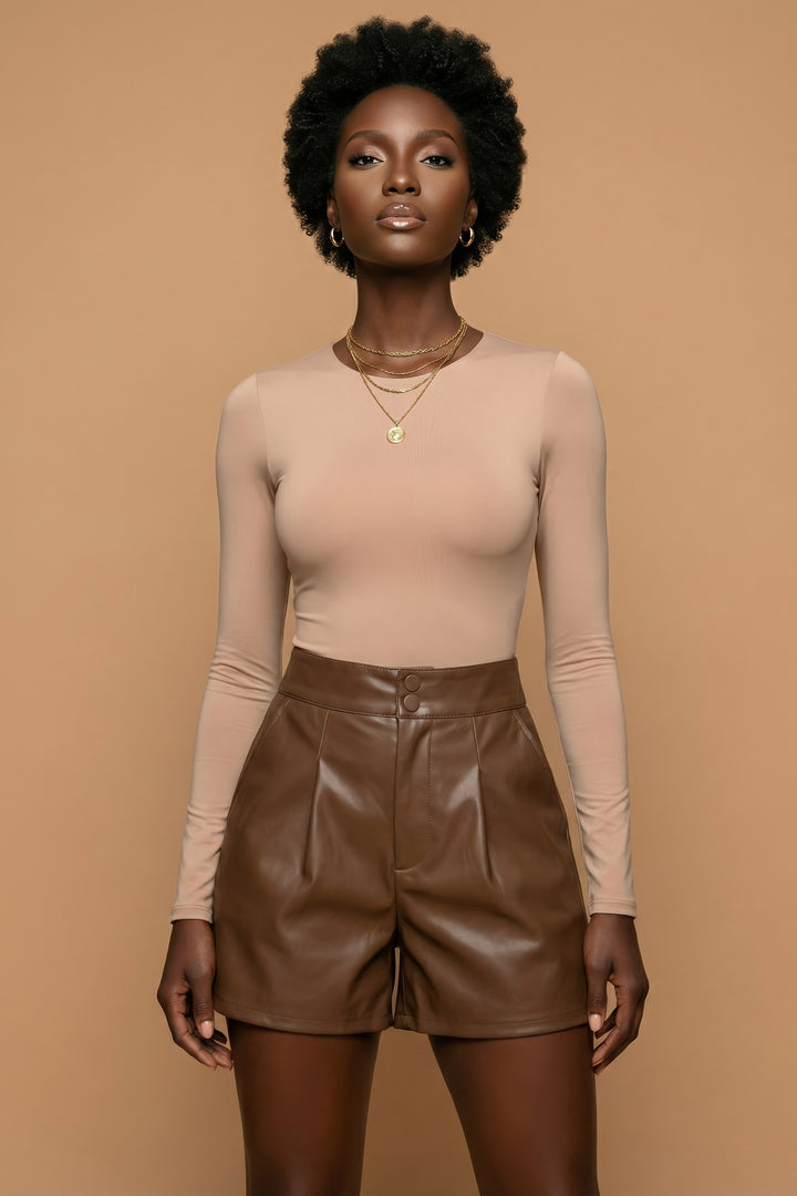 Vittoria Brown Faux Leather Pleated Shorts