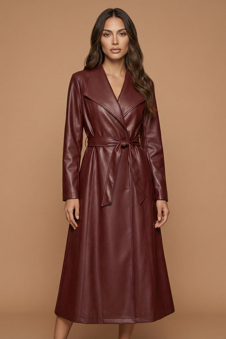 Verona Burgundy Faux leather Trench Coat