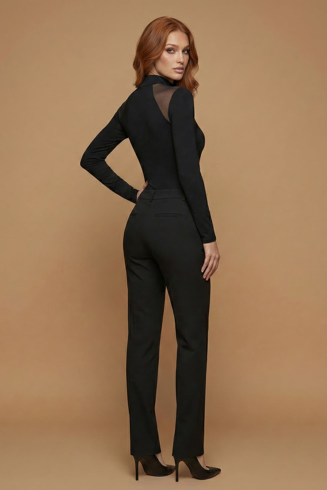 The Luxe Mesh Cut-Out Mock Neck Black Bodysuit