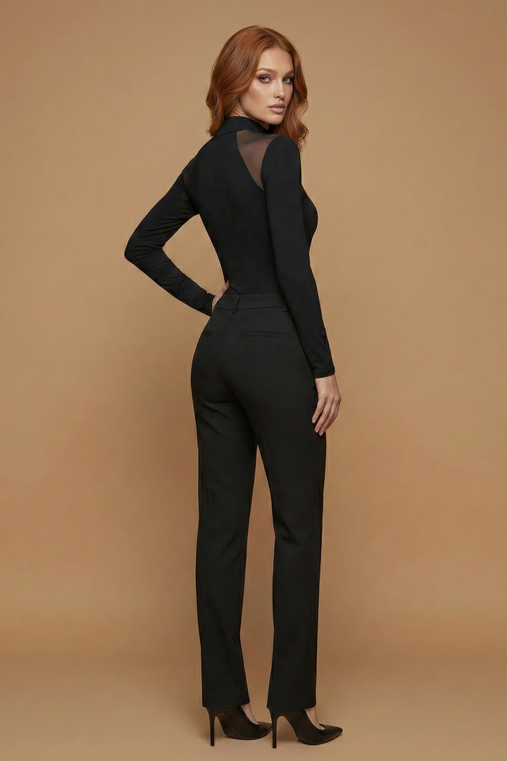 The Luxe Mesh Cut-Out Mock Neck Black Bodysuit