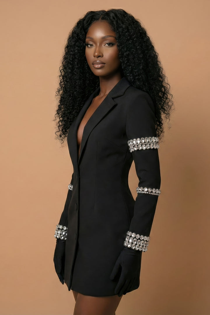Luxe Black Crystal Sleeve Tailored Blazer Dress