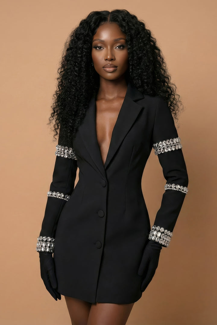 Luxe Black Crystal Sleeve Tailored Blazer Dress