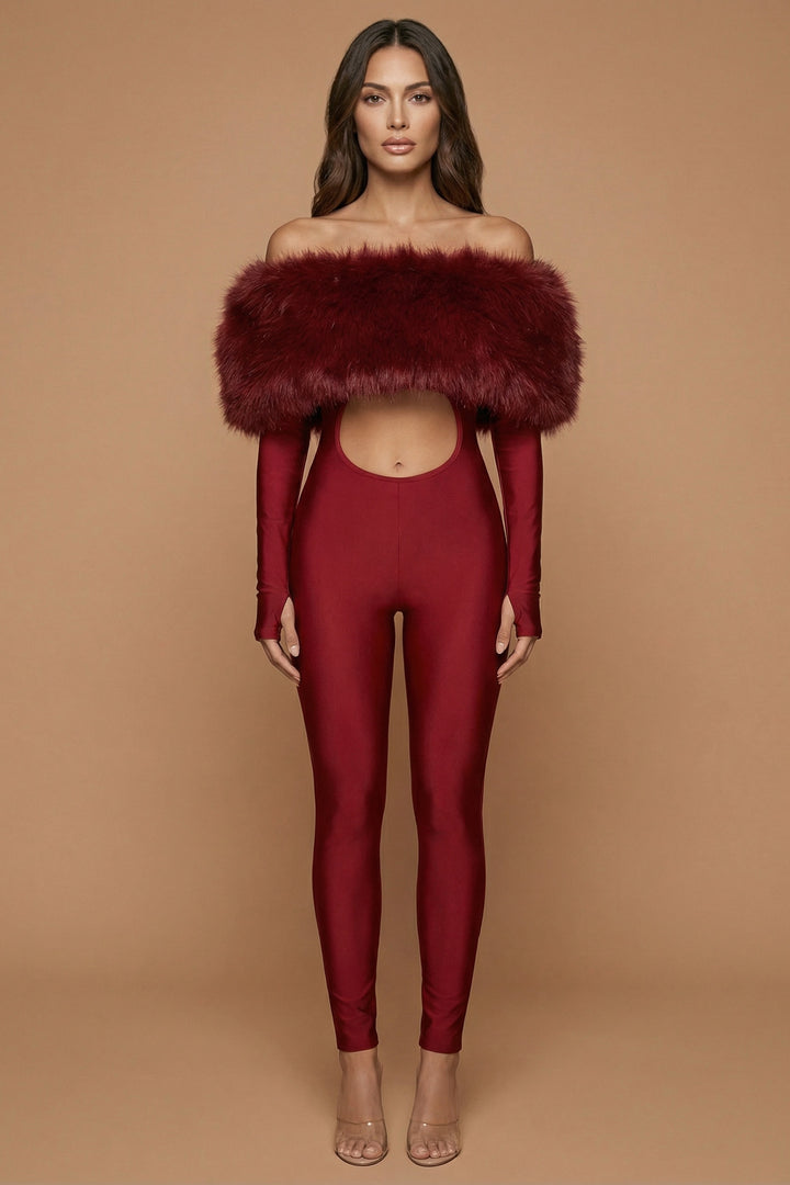 The Ophelia – Burgundy Fur-Trim Cutout Jumpsuit