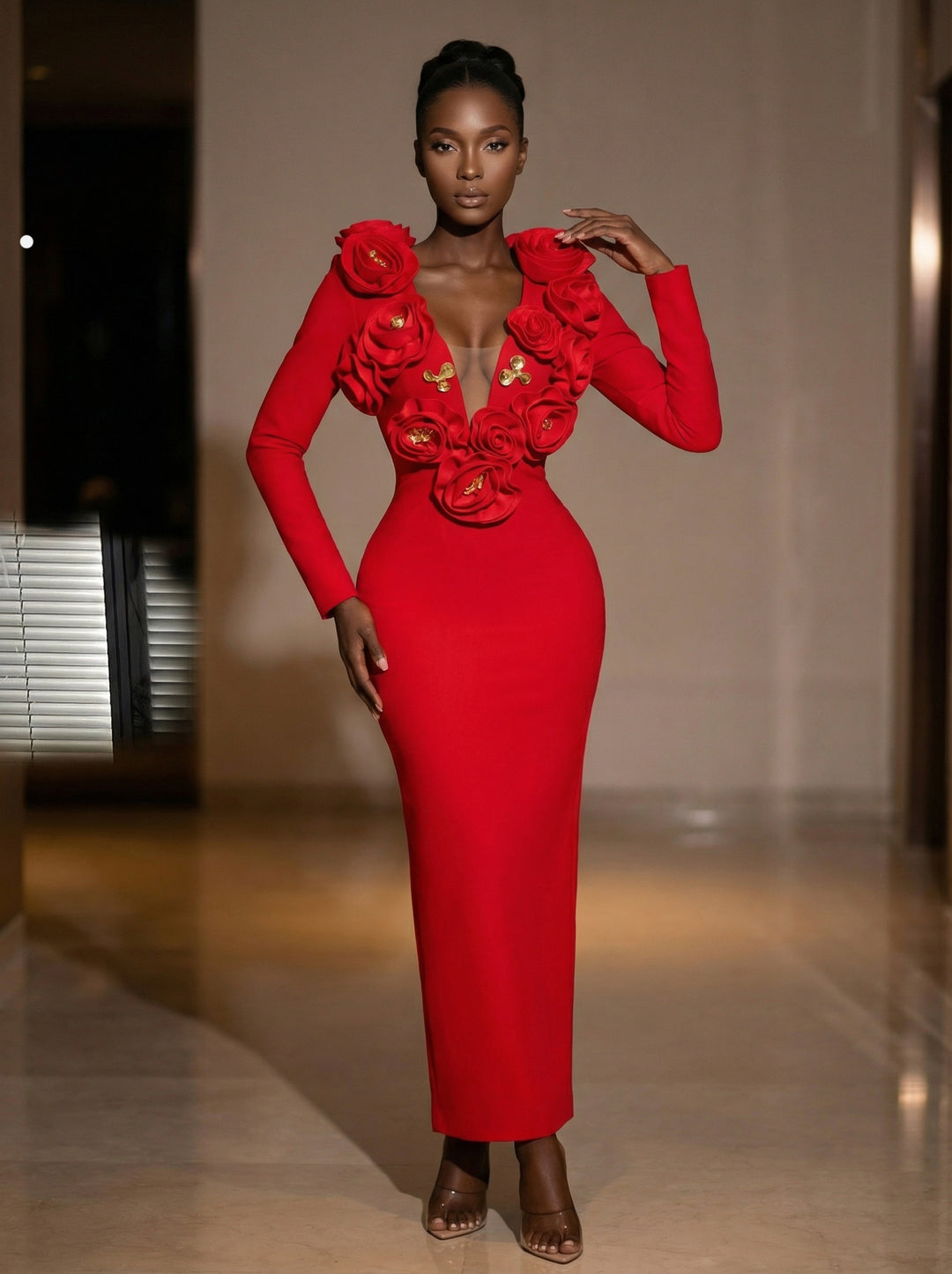 Rosette - Scarlet Red Plunge Evening Gown