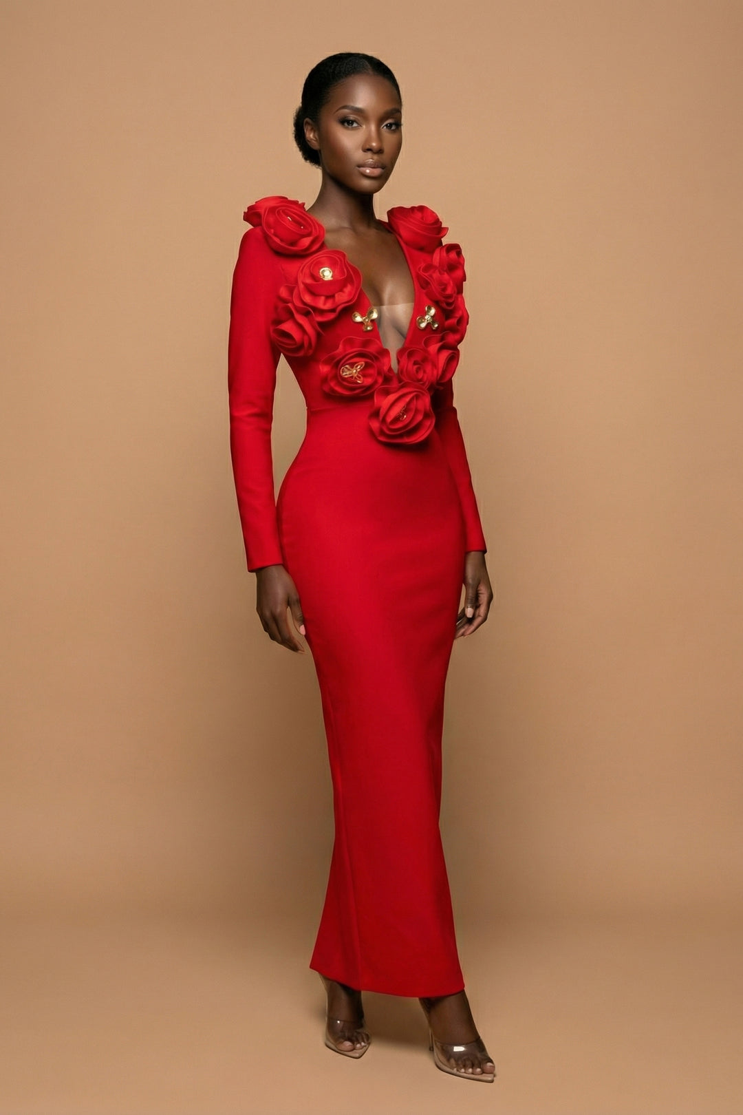 Rosette - Scarlet Red Plunge Evening Gown