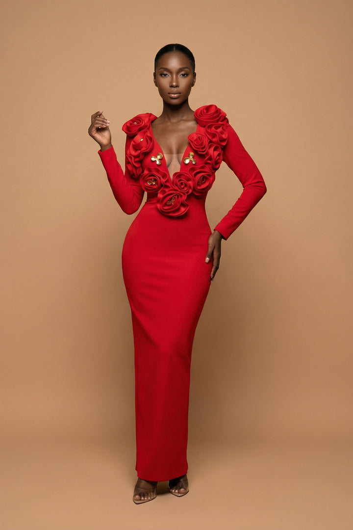 Rosette - Scarlet Red Plunge Evening Gown