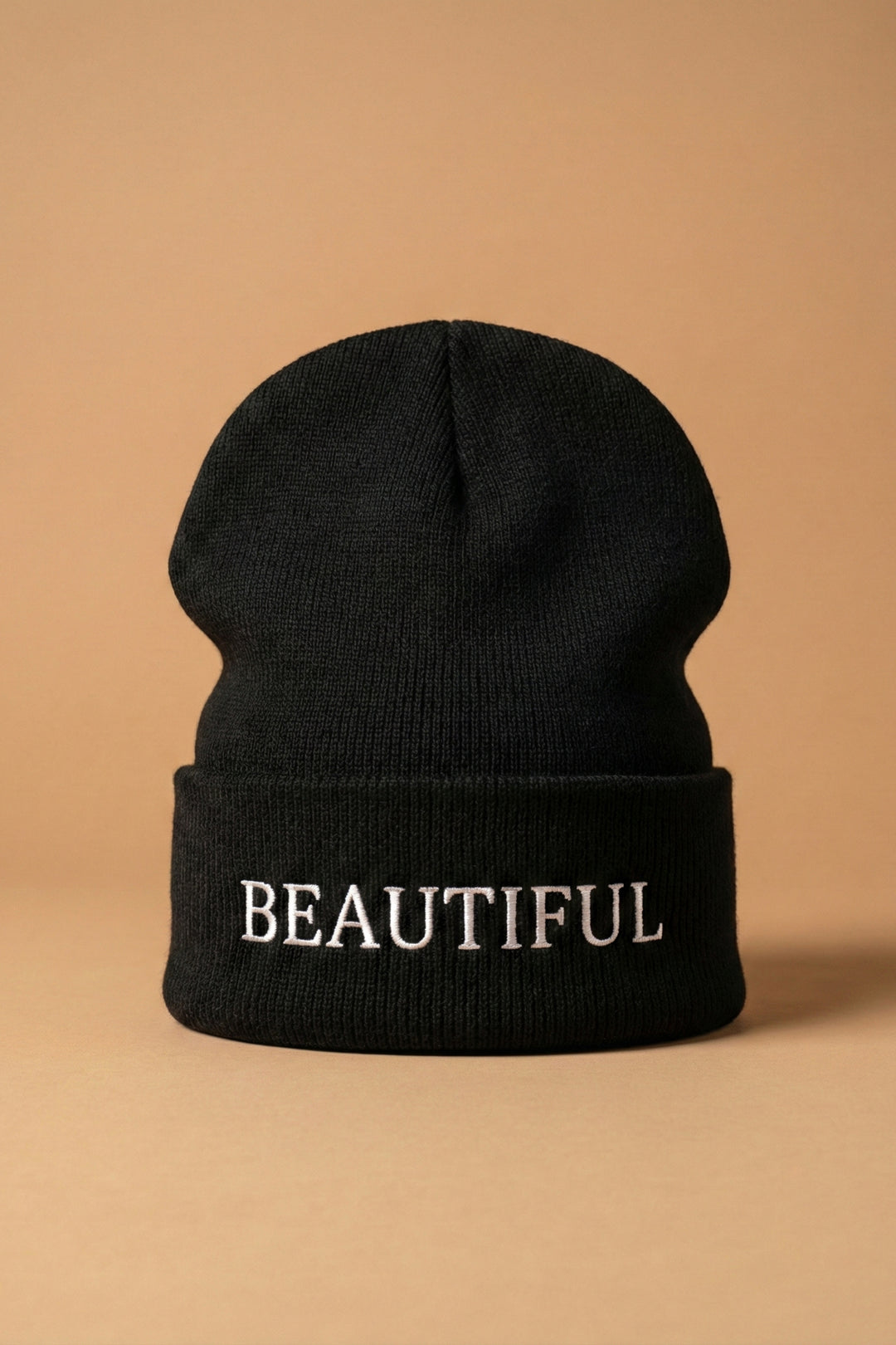 The Beautiful Beanie | Black Embroidered Cuffed Knit Beanie