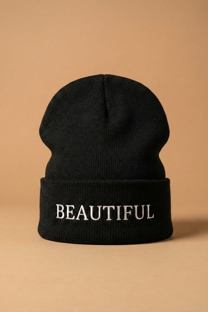 The Beautiful Beanie | Black Embroidered Cuffed Knit Beanie