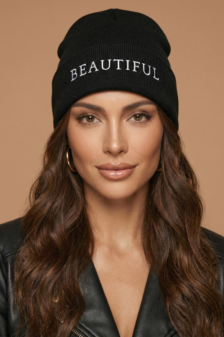 The Beautiful Beanie | Black Embroidered Cuffed Knit Beanie