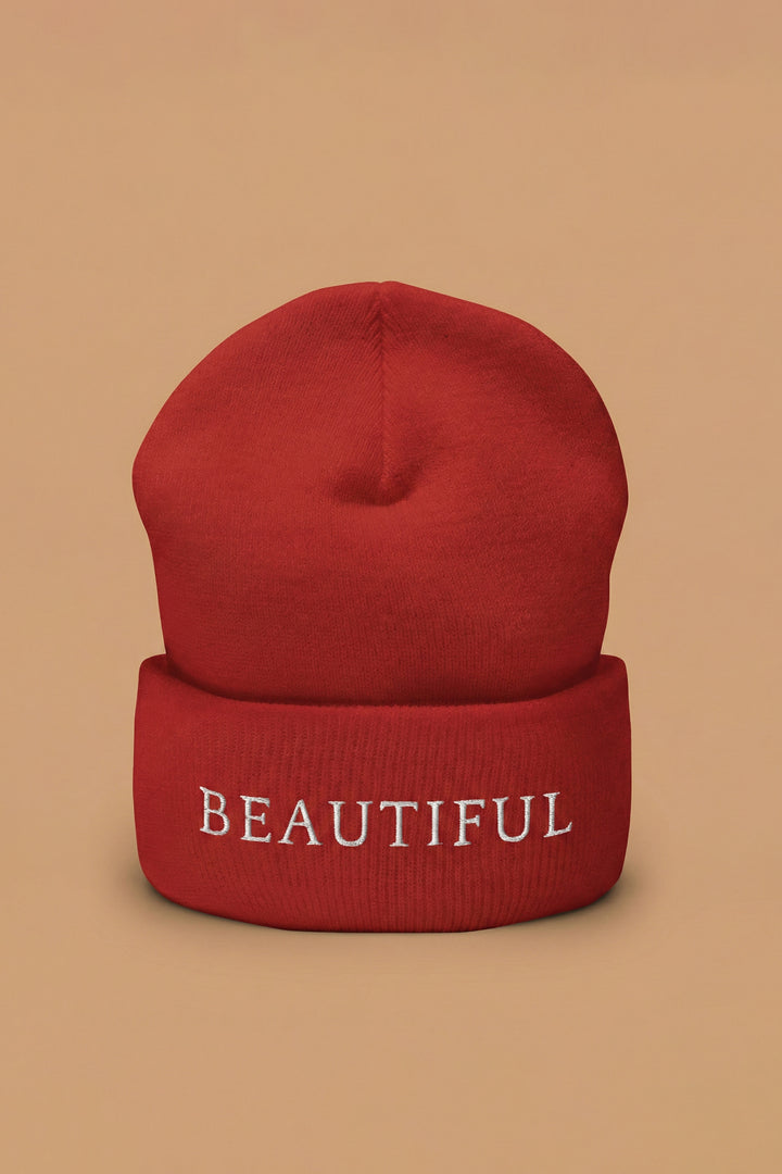 The Beautiful Beanie | Scarlet Red Embroidered Cuffed Knit Beanie