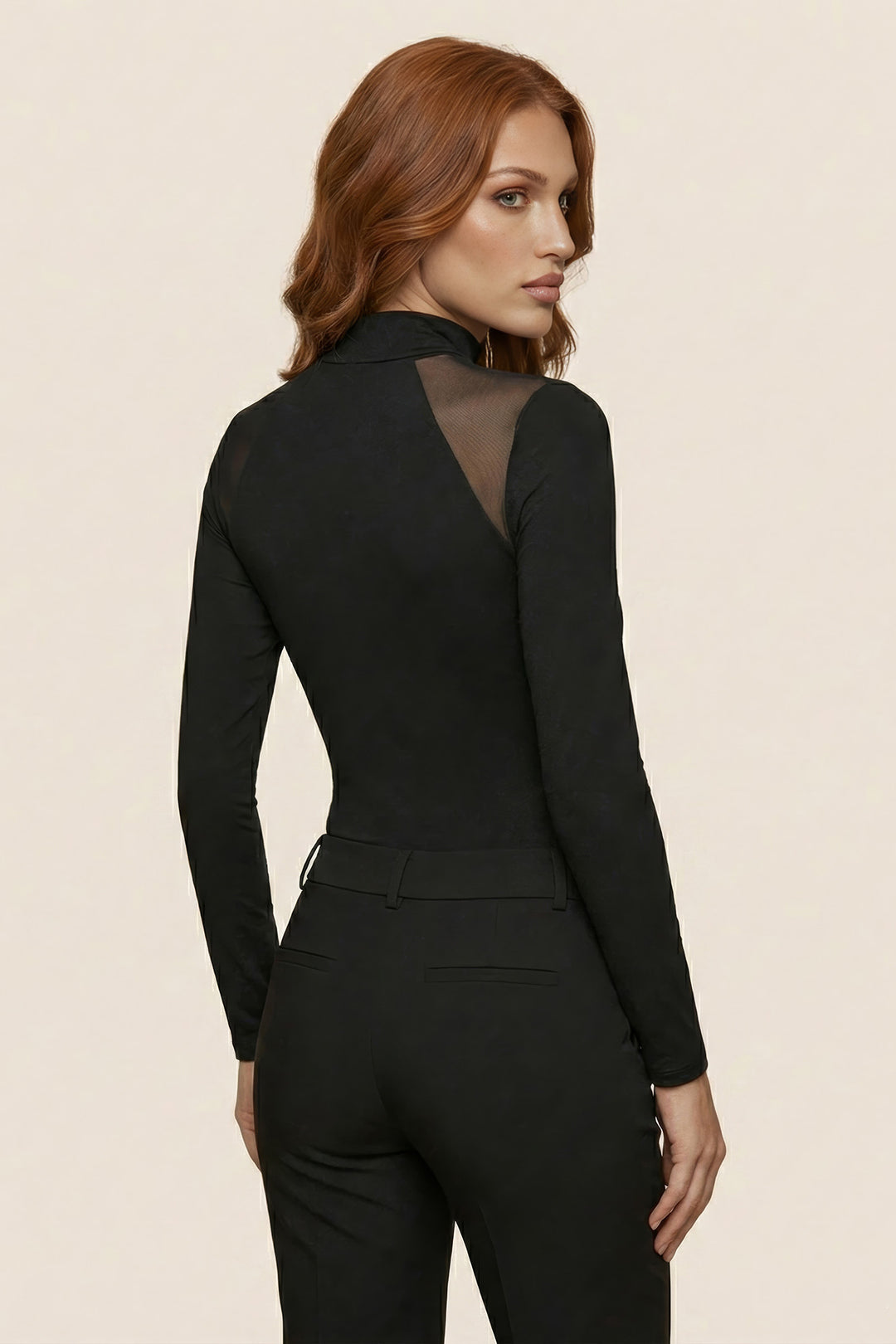 The Luxe Mesh Cut-Out Mock Neck Black Bodysuit