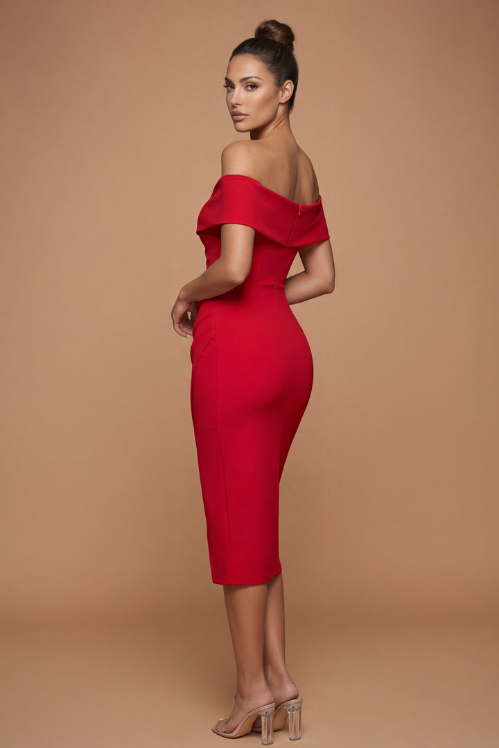 Valentina - Scarlet Off-Shoulder Crepe Bandage Midi Dress