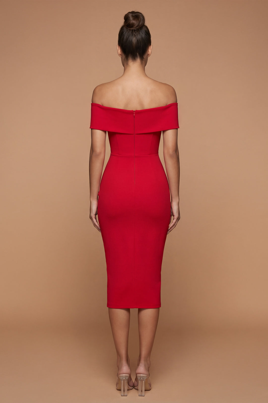 Valentina - Scarlet Off-Shoulder Crepe Bandage Midi Dress