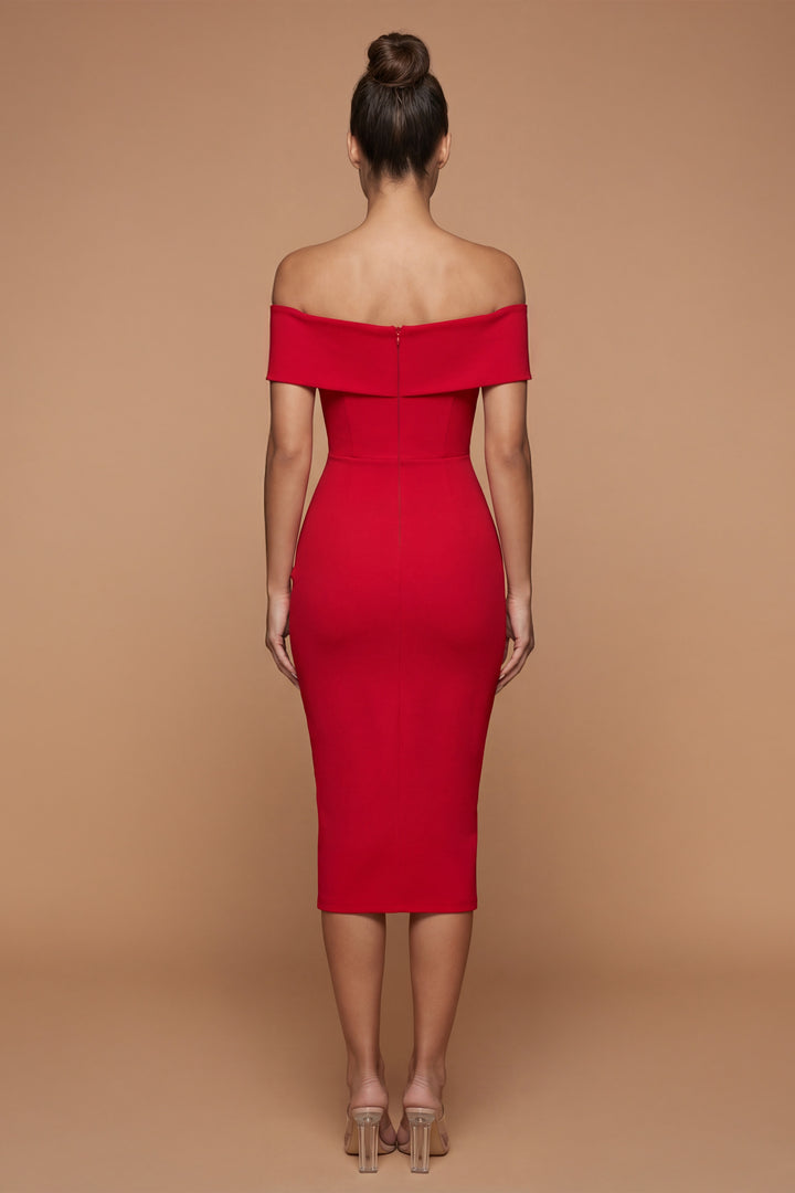 Valentina - Scarlet Off-Shoulder Crepe Bandage Midi Dress