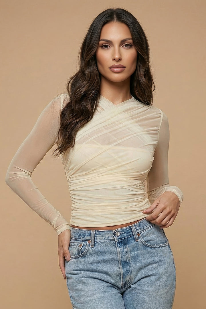 Sheer Wrap-Neck Ruched Long Sleeve Top With Back Zip - Cream