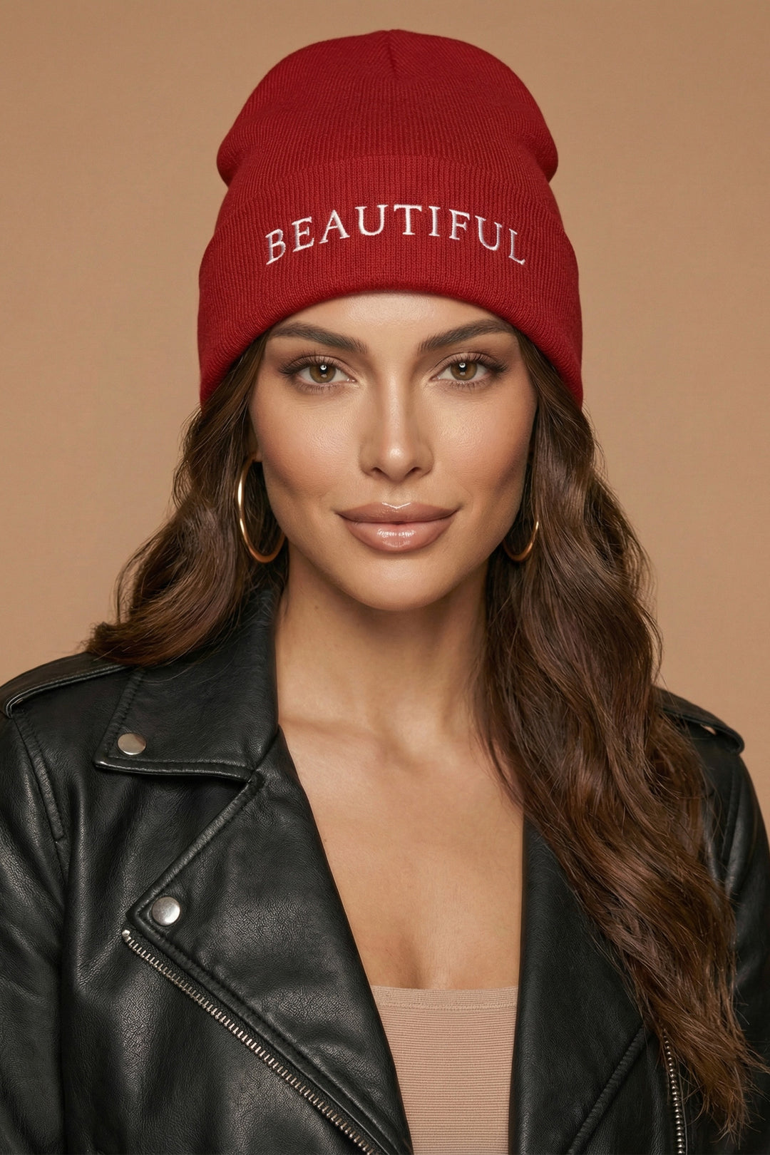 The Beautiful Beanie | Scarlet Red Embroidered Cuffed Knit Beanie