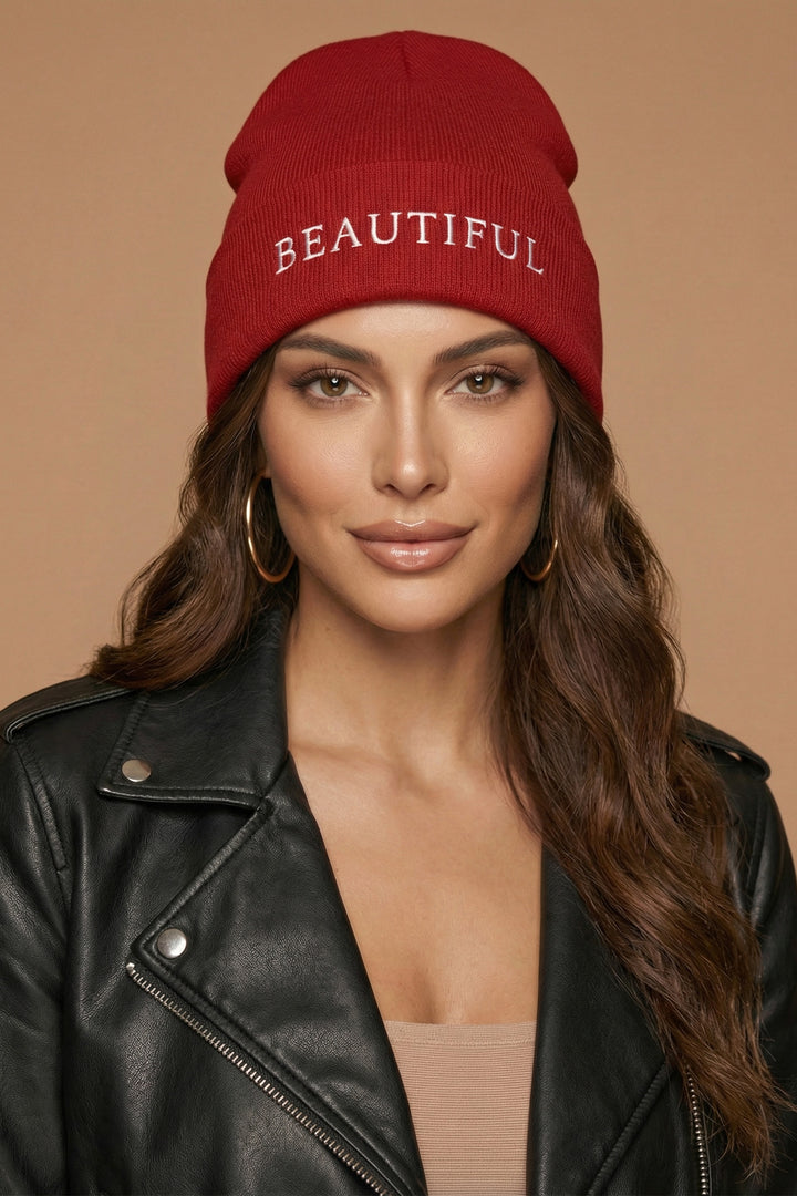 The Beautiful Beanie | Scarlet Red Embroidered Cuffed Knit Beanie