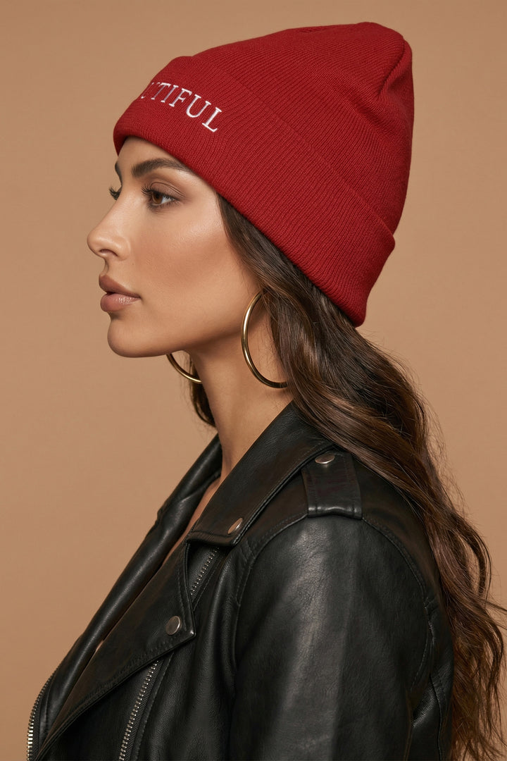 The Beautiful Beanie | Scarlet Red Embroidered Cuffed Knit Beanie