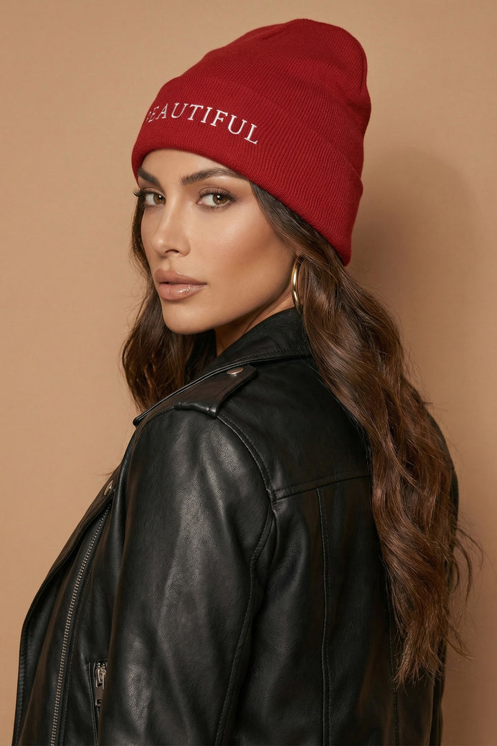 The Beautiful Beanie | Scarlet Red Embroidered Cuffed Knit Beanie