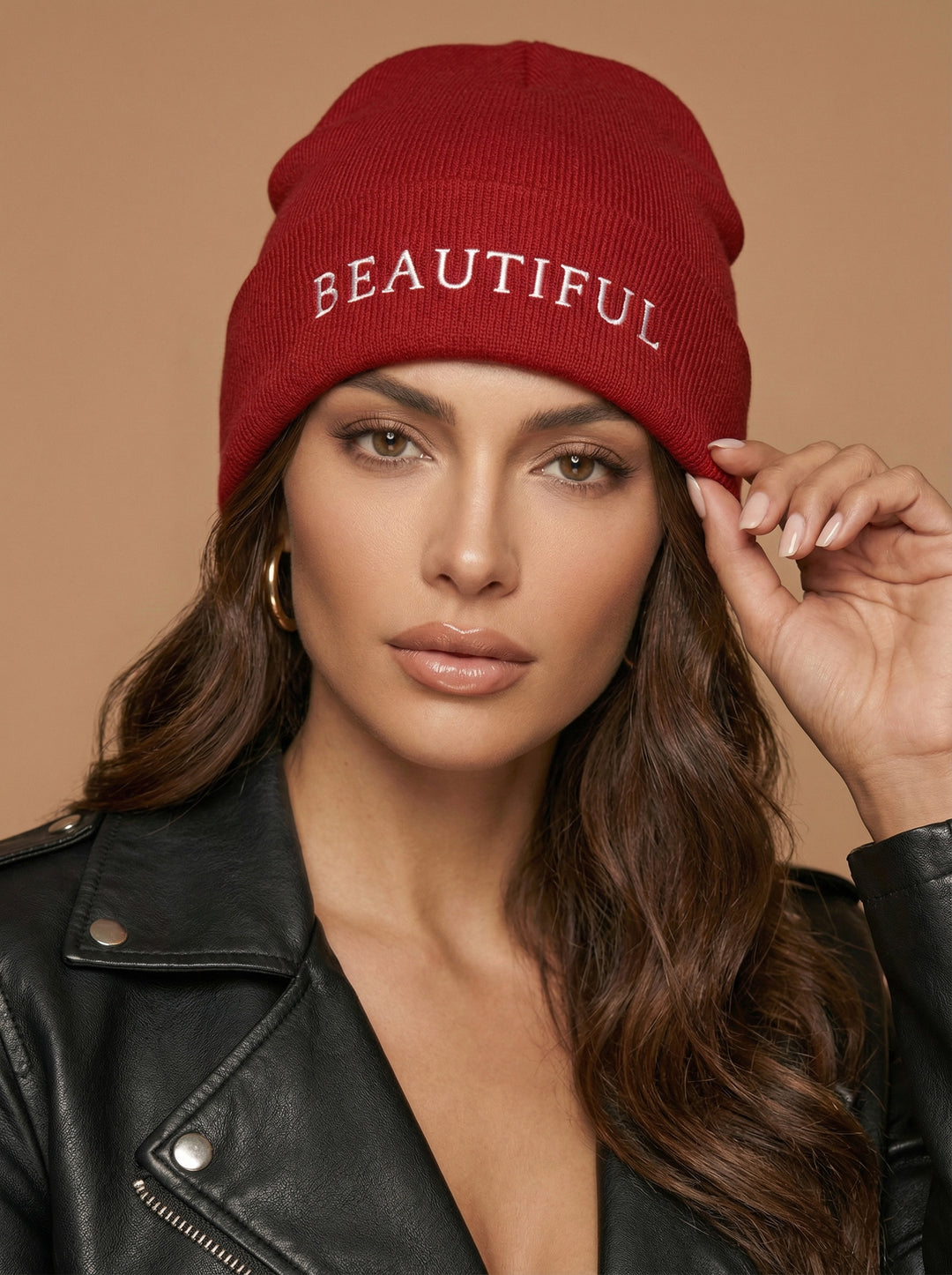 The Beautiful Beanie | Scarlet Red Embroidered Cuffed Knit Beanie