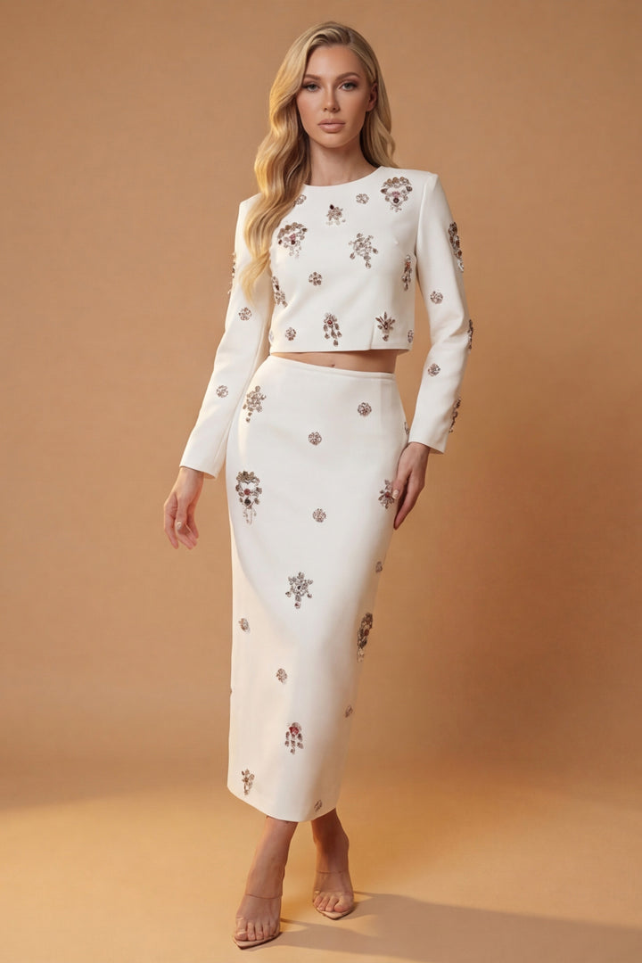 Victoria White Jewel Embellished Cropped Top & Maxi Skirt Set