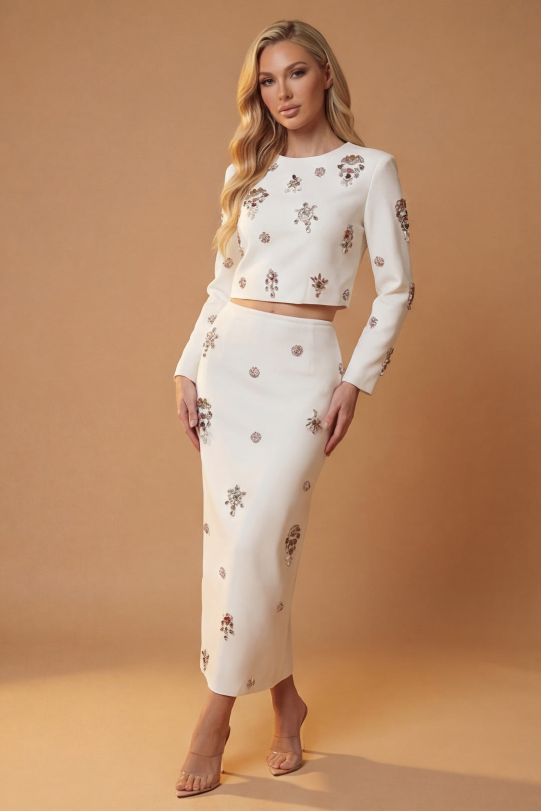 Victoria White Jewel Embellished Cropped Top & Maxi Skirt Set