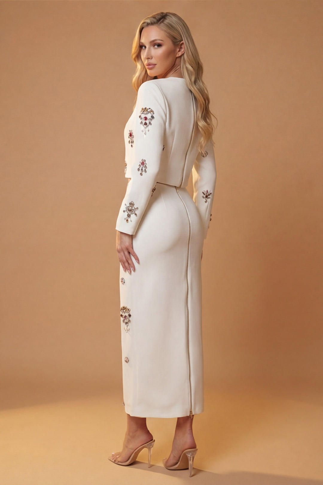 Victoria White Jewel Embellished Cropped Top & Maxi Skirt Set