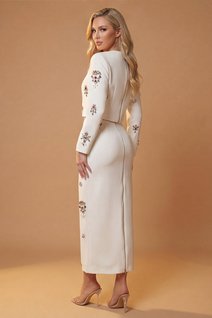 Victoria White Jewel Embellished Cropped Top & Maxi Skirt Set