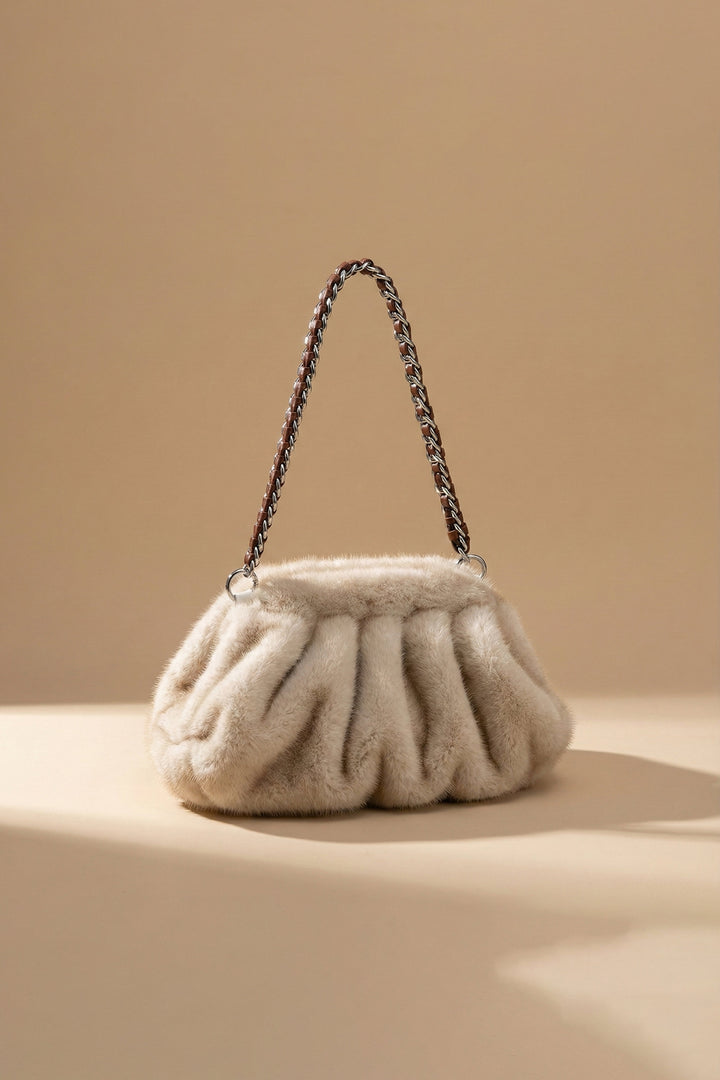 Plush Pleat Cream Ivory Faux Fur Shoulder Bag