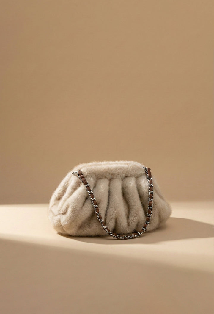 Plush Pleat Cream Ivory Faux Fur Shoulder Bag