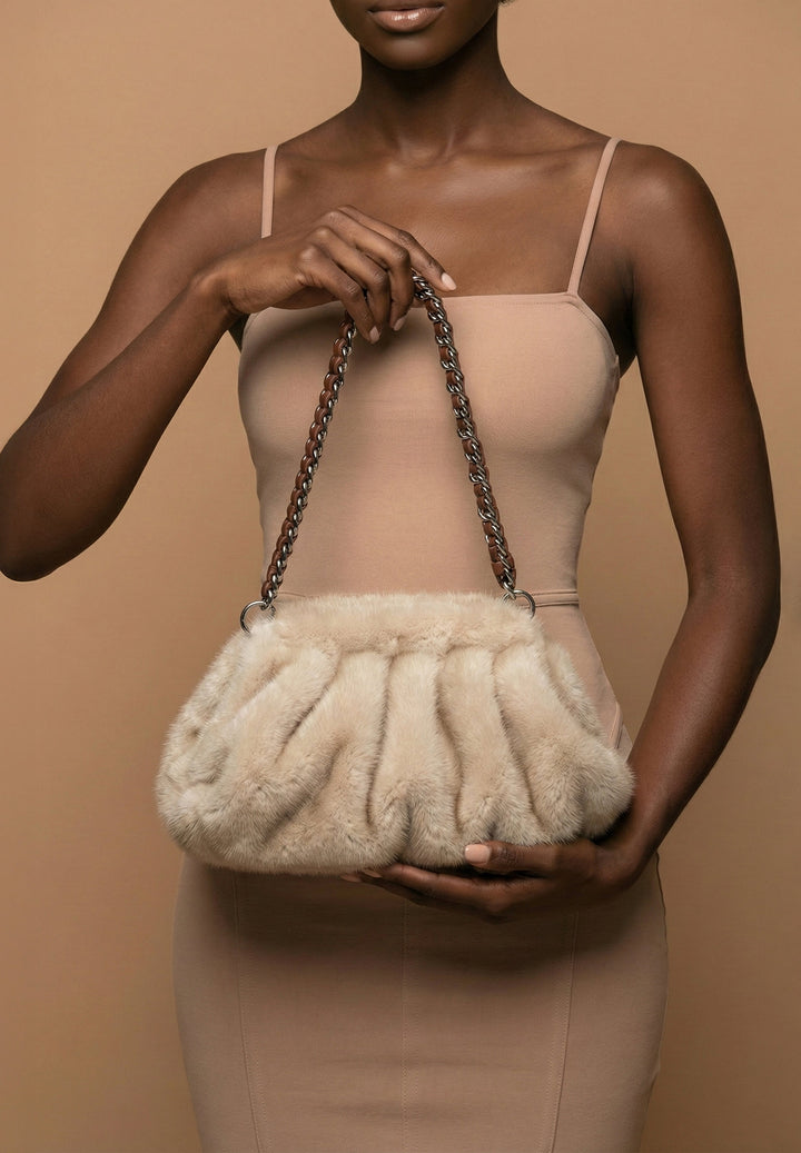 Plush Pleat Cream Ivory Faux Fur Shoulder Bag