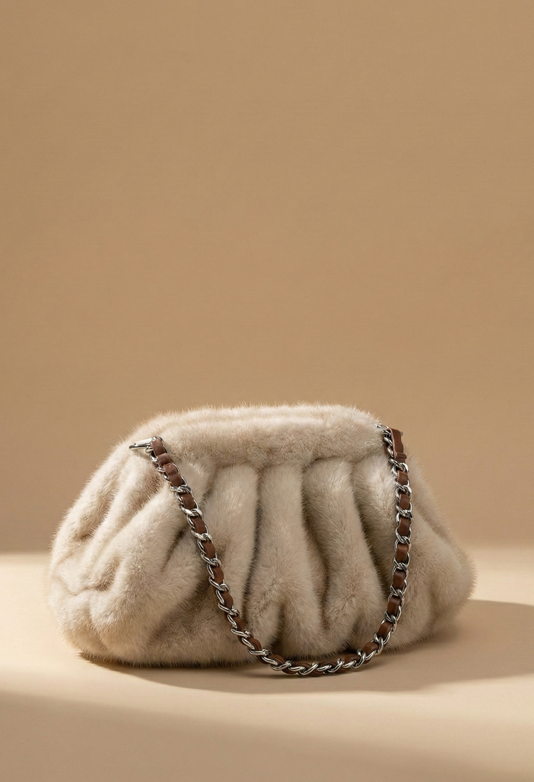 Plush Pleat Cream Ivory Faux Fur Shoulder Bag