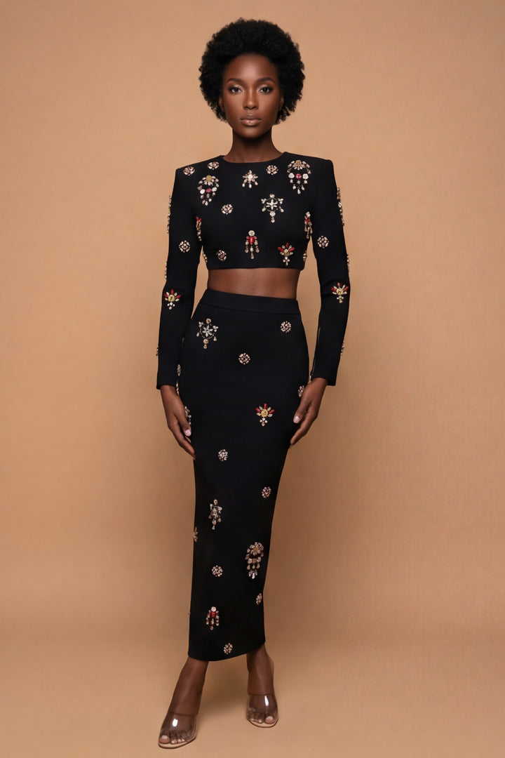 Victoria Black Jewel Embellished Cropped Top & Maxi Skirt Set