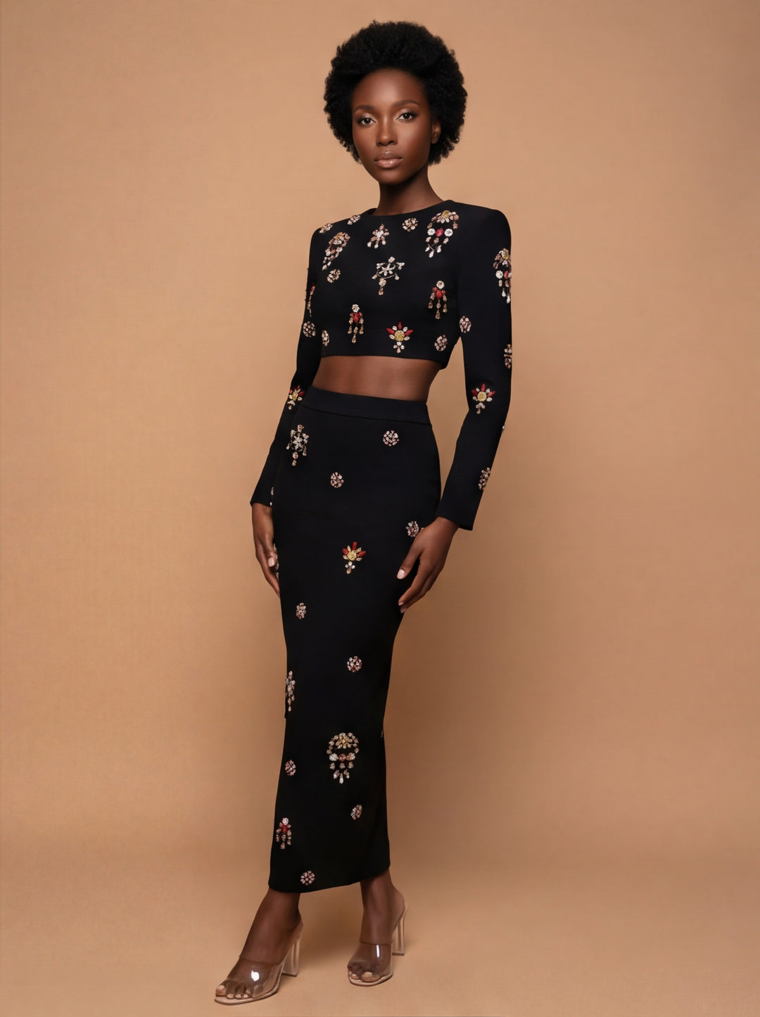 Victoria Black Jewel Embellished Cropped Top & Maxi Skirt Set