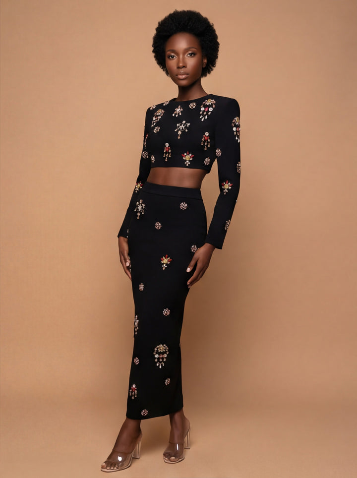 Victoria Black Jewel Embellished Cropped Top & Maxi Skirt Set
