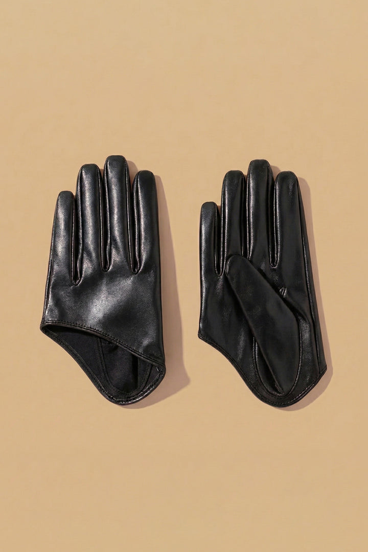 Black Faux Leather Half Gloves
