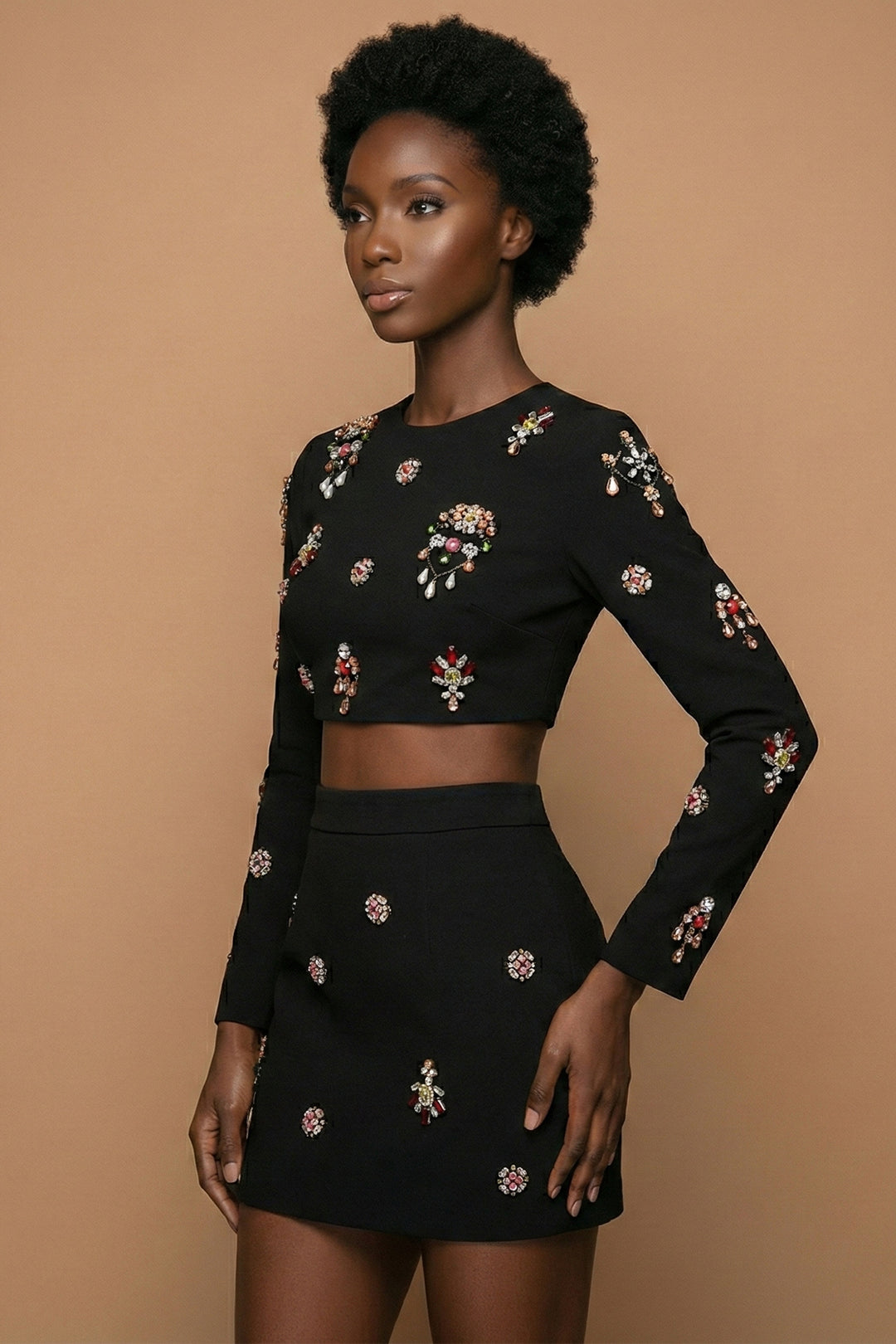 Black Jewel Embellished Cropped Top & Mini Skirt Set