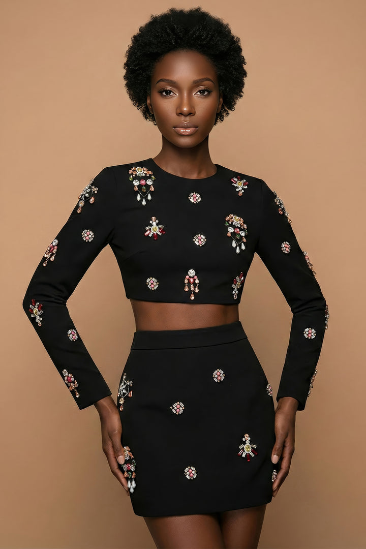 Black Jewel Embellished Cropped Top & Mini Skirt Set