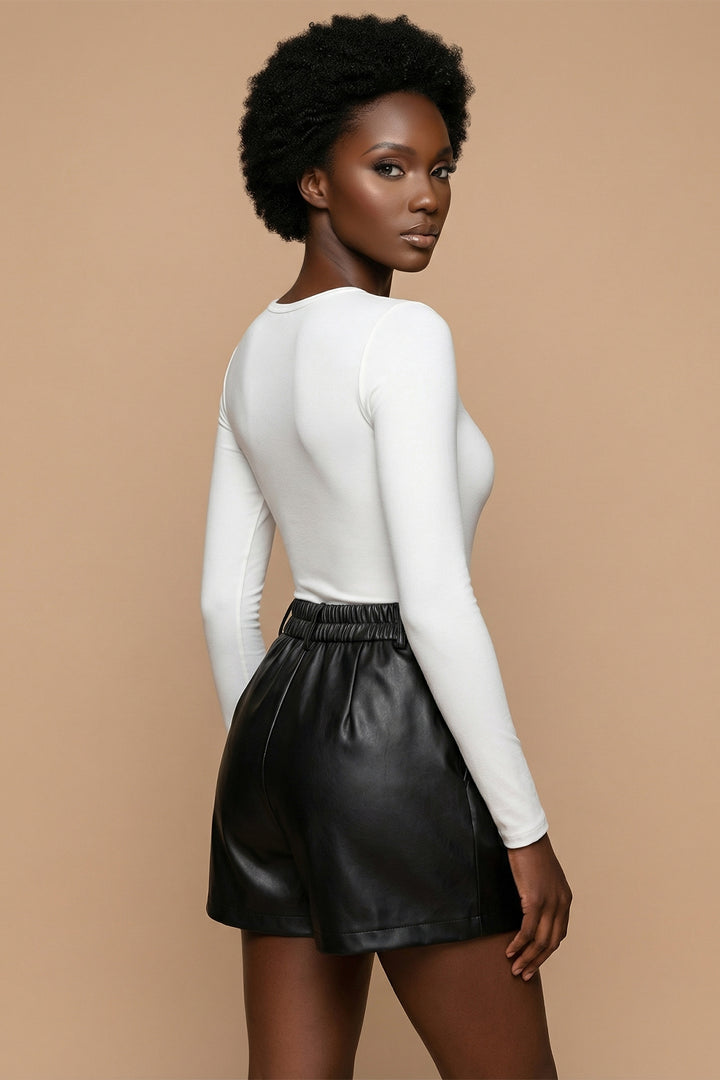 Vittoria Black Faux Leather Pleated Shorts