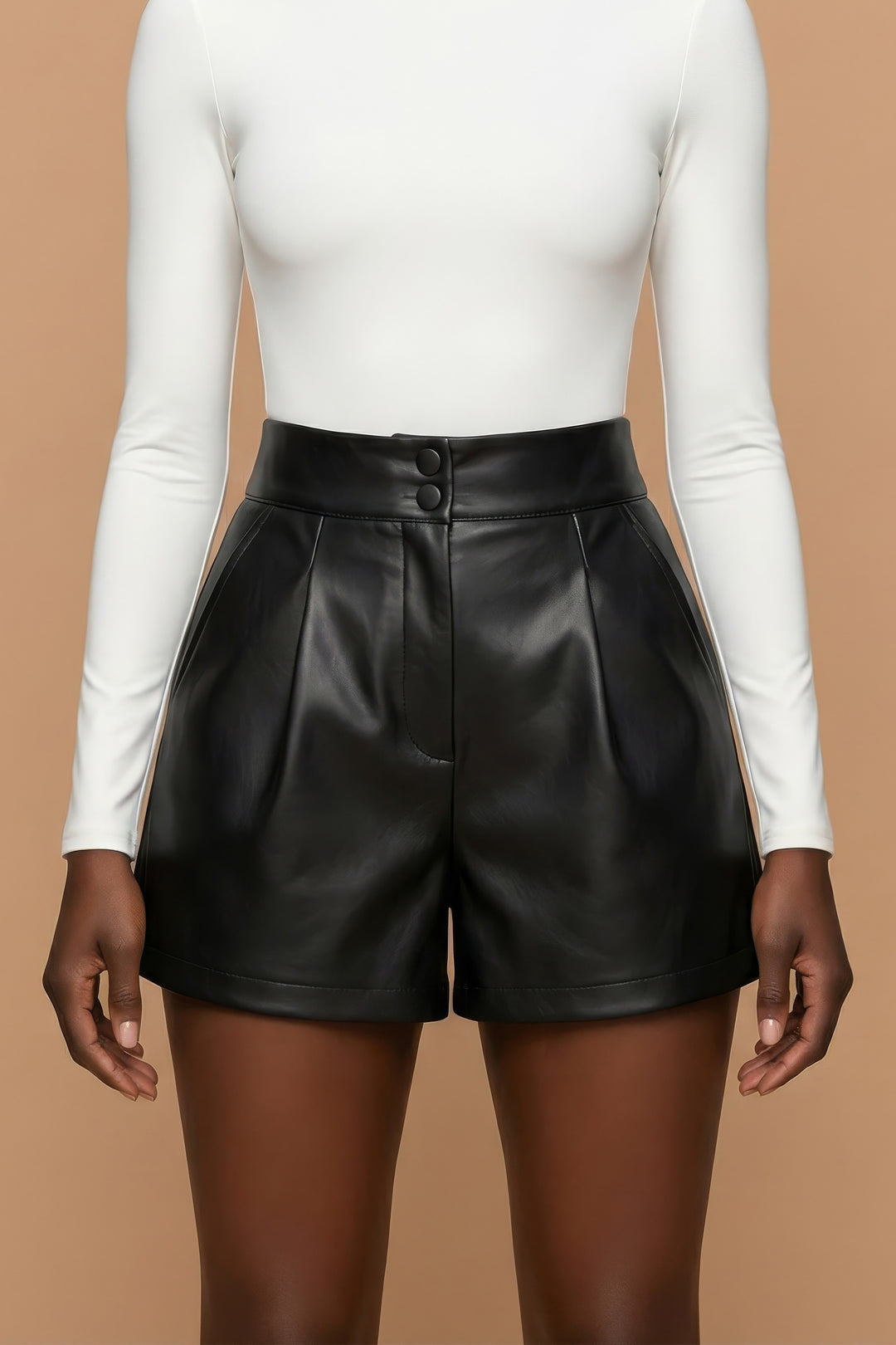 Vittoria Black Faux Leather Pleated Shorts